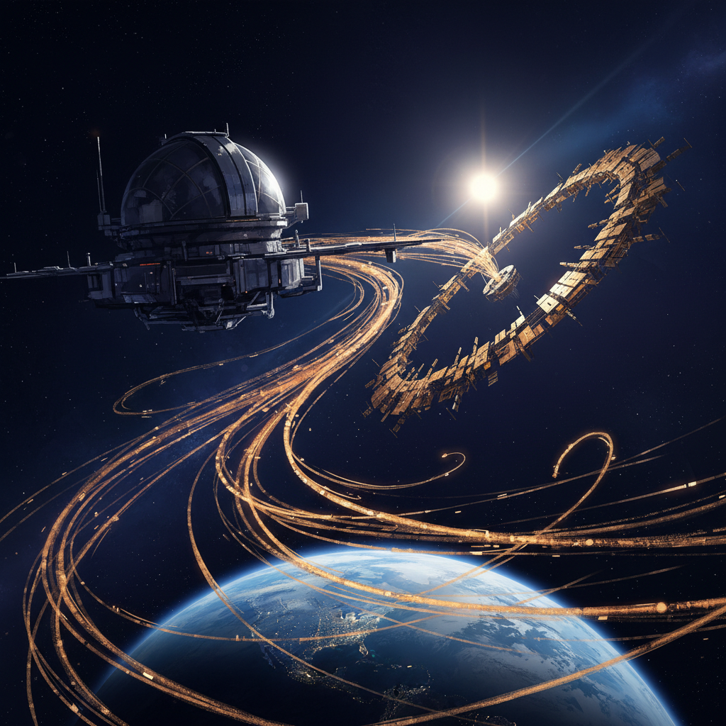 Observation outpost watching Earth as data streams flow toward a Dyson swarm