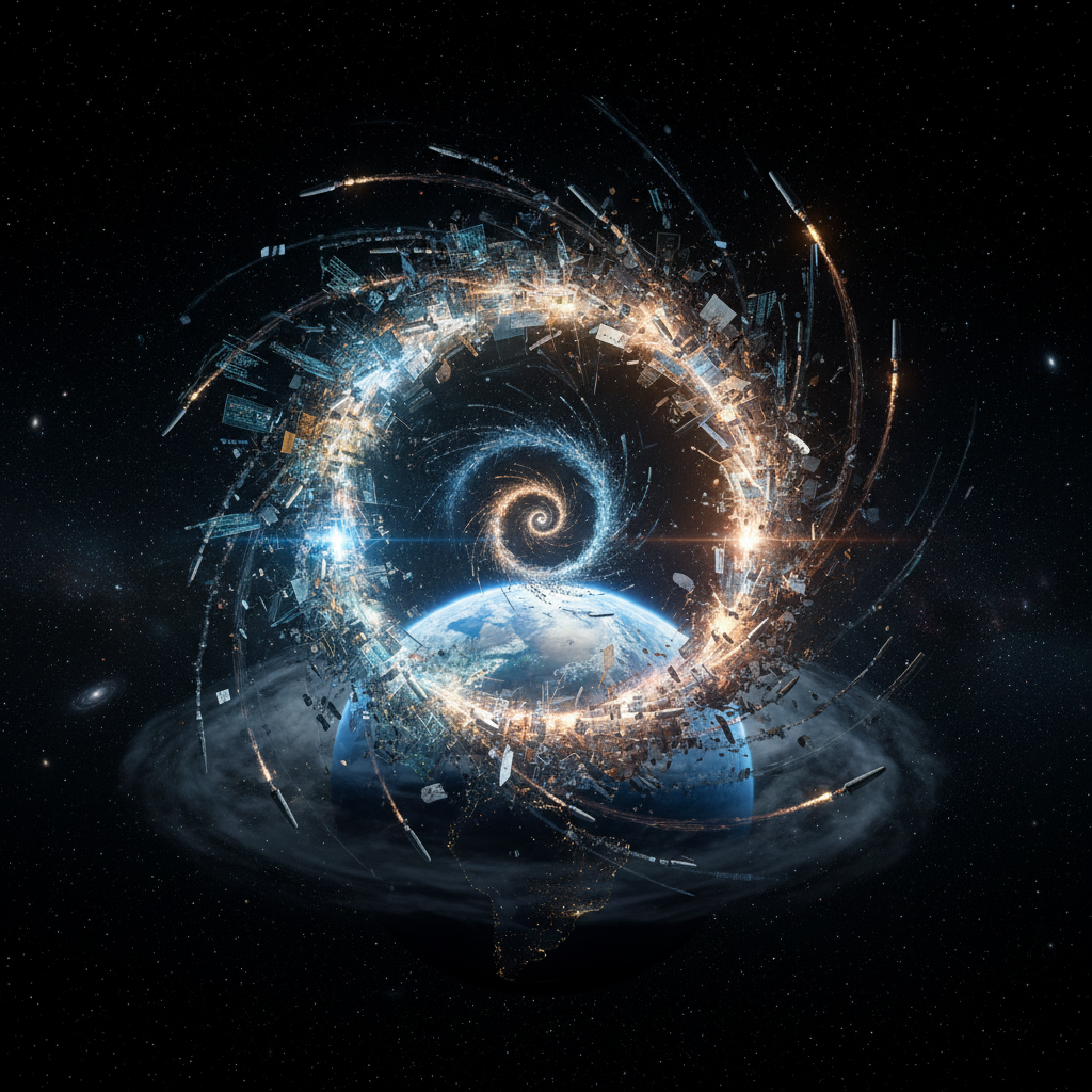 AI and space entities merging in cosmic fusion above Earth