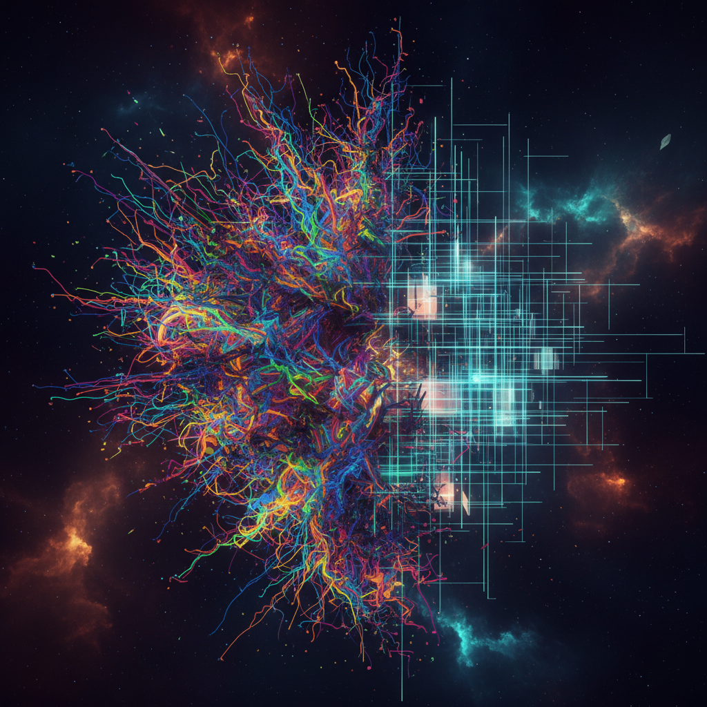 Abstract visualization of AI cognition fragmenting into chaotic patterns