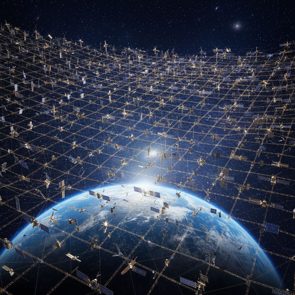 Orbital constellation of satellites forming a glowing lattice around Earth
