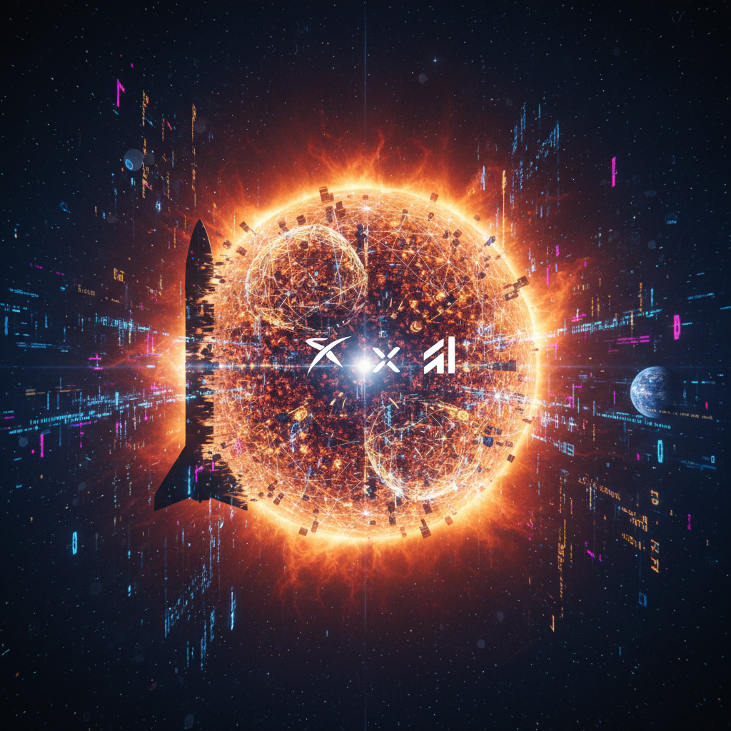 SpaceX rocket silhouette against a sun being transformed into a Dyson swarm of glowing satellites