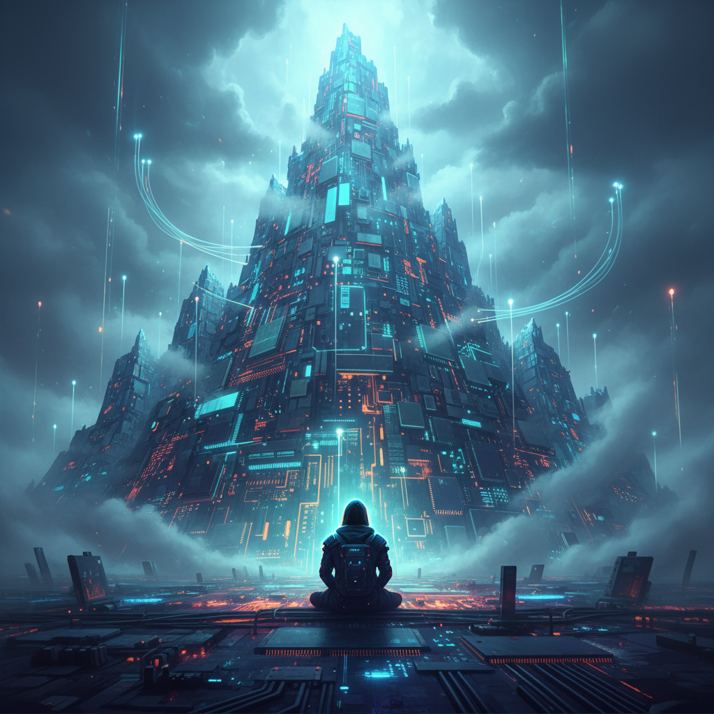 A figure contemplating a mountain of circuits