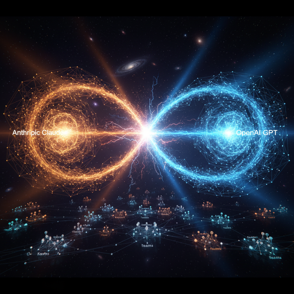 Two colossal AI titans facing each other, one orange-gold (Anthropic) and one electric blue (OpenAI), with smaller agent nodes forming networks between them