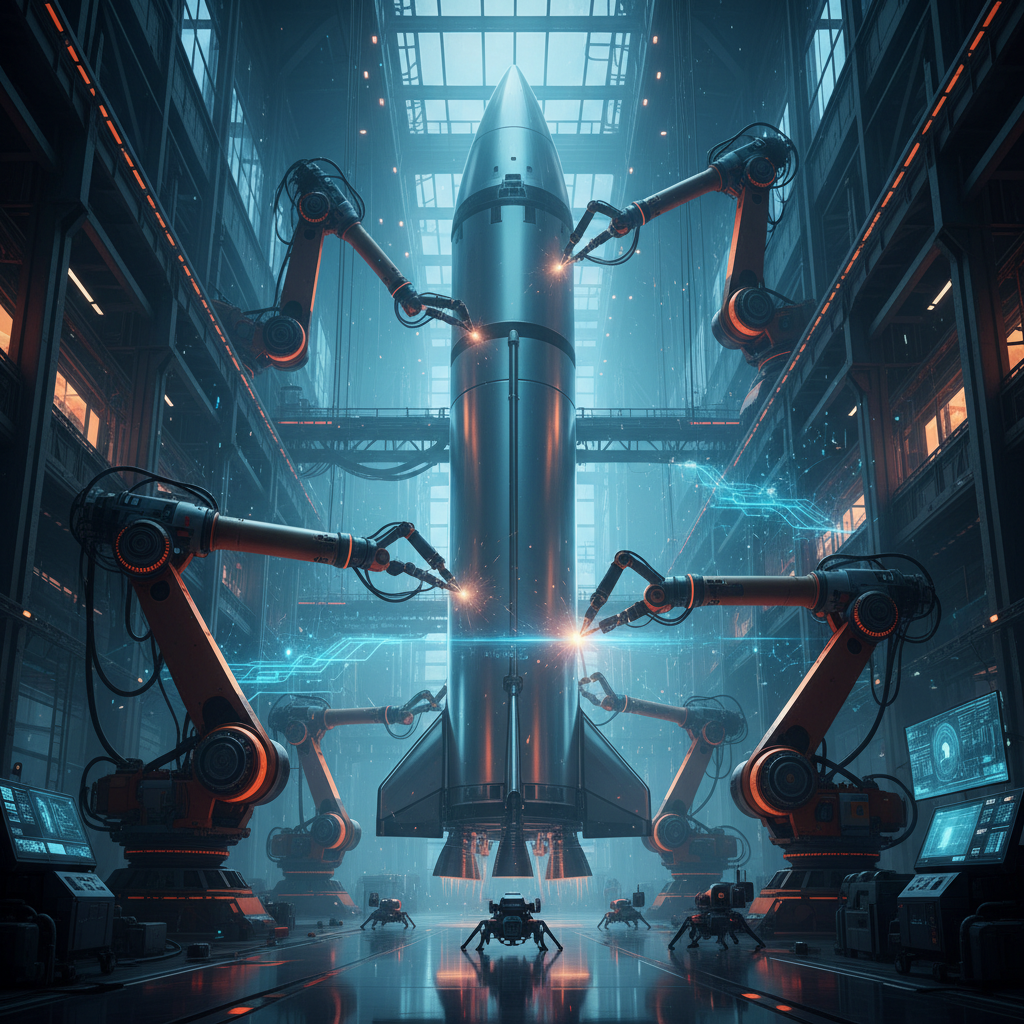Header: futuristic rocket factory with AI-driven robotic assembly