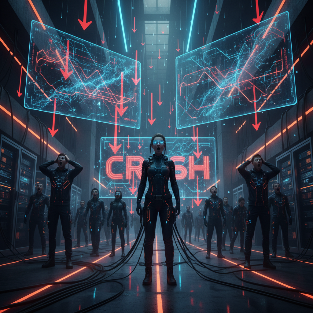 Stock trading floor with holographic AI displays showing market turmoil