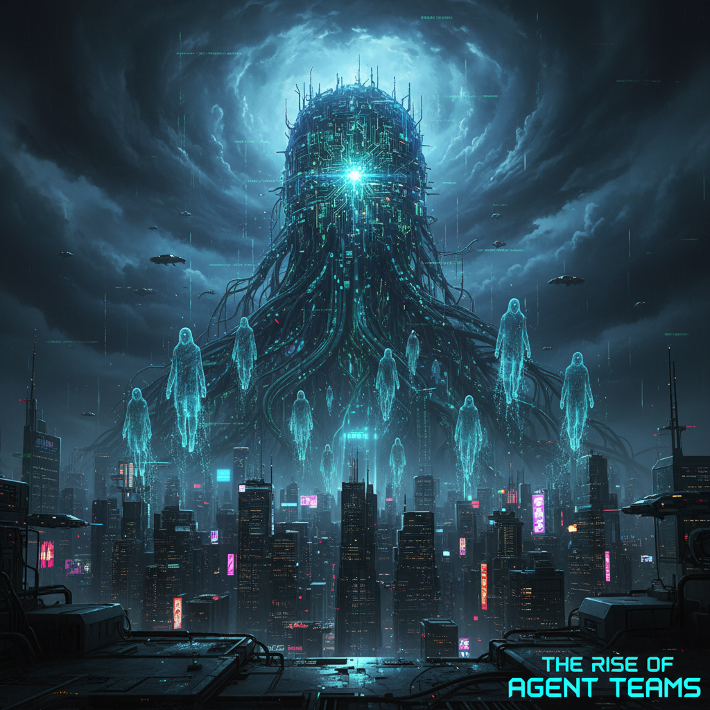 AI agent teams emerging from a towering neural network over a city skyline