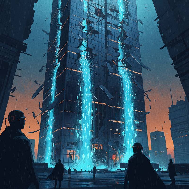 Corporate skyscraper cracking apart as digital workers stream out