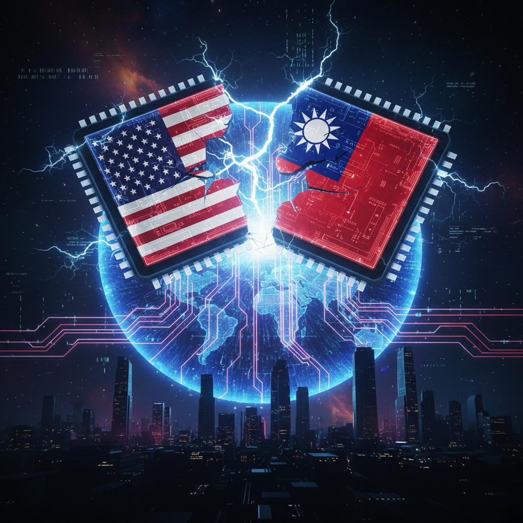 Semiconductor chip split between US and Taiwan flags over Pacific