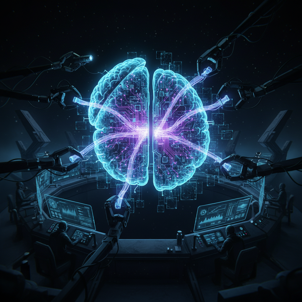 Glowing neural network being examined with scientific instruments — mechanistic interpretability concept