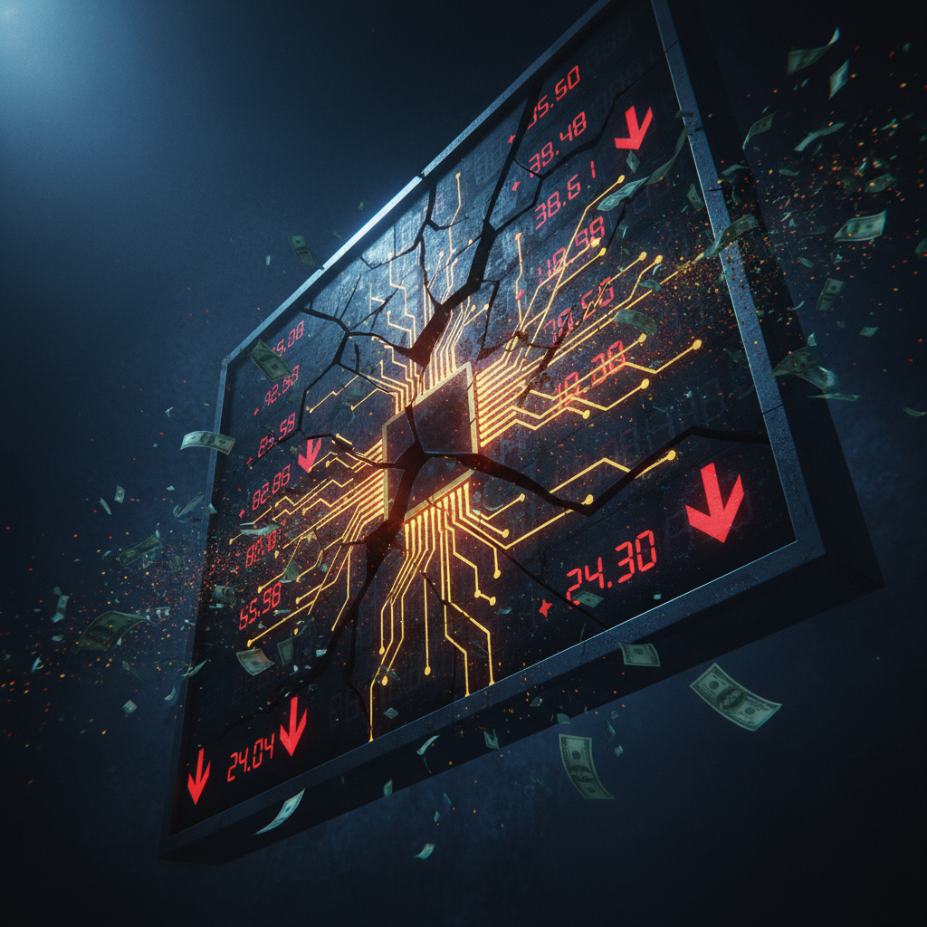 Wall Street ticker board cracking with AI circuits emerging