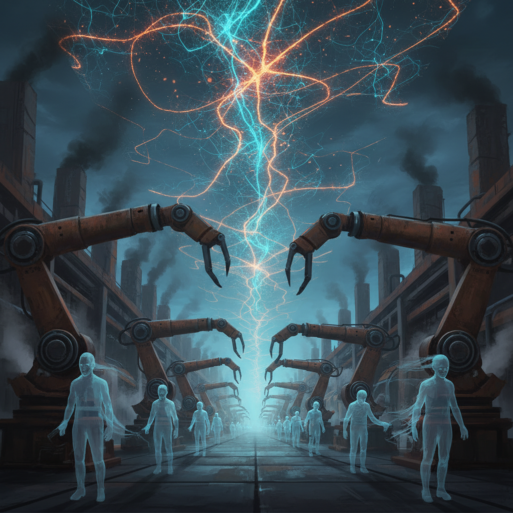 Robotic assembly line replacing human workers — AI labor disruption concept