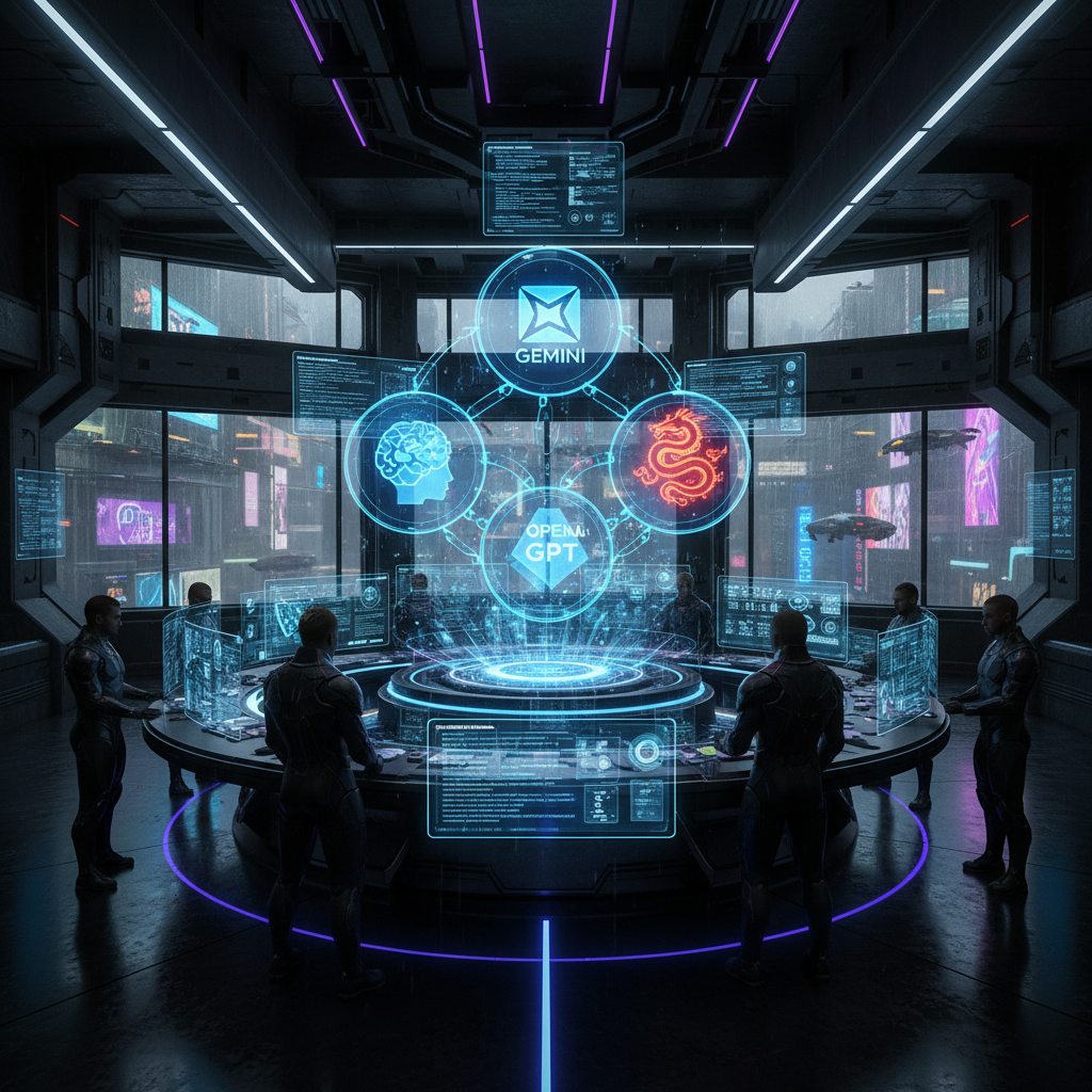 Competing AI models in a futuristic command center