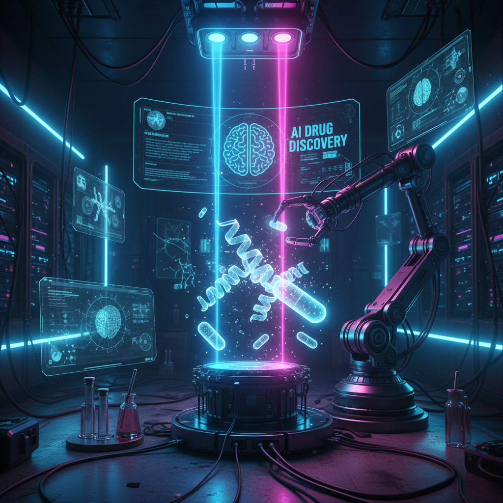 AI-driven drug discovery — holographic protein structure in futuristic laboratory