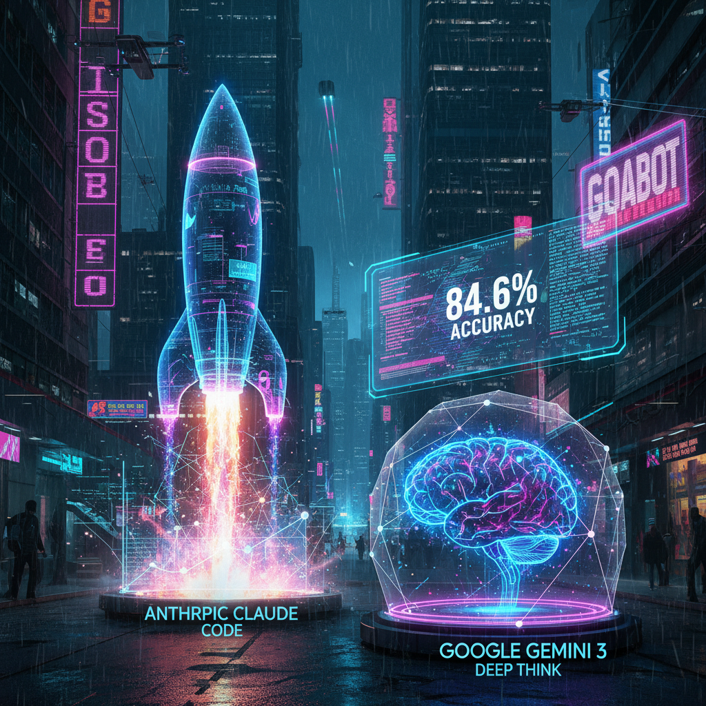 Claude Code revenue rockets upward while Gemini 3 Deep Think's neural patterns illuminate benchmark scores