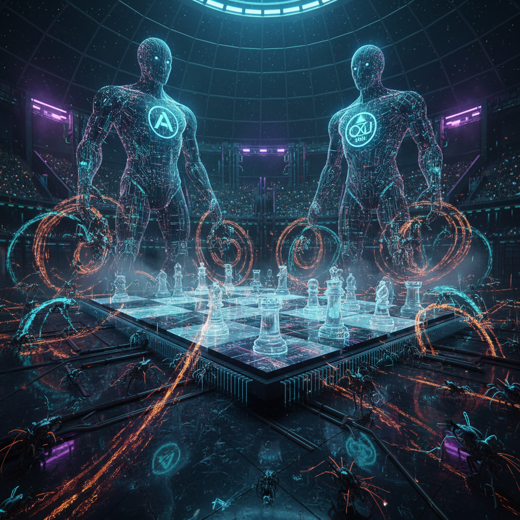 Two AI colossi face off across a silicon chessboard — the post-benchmark era begins