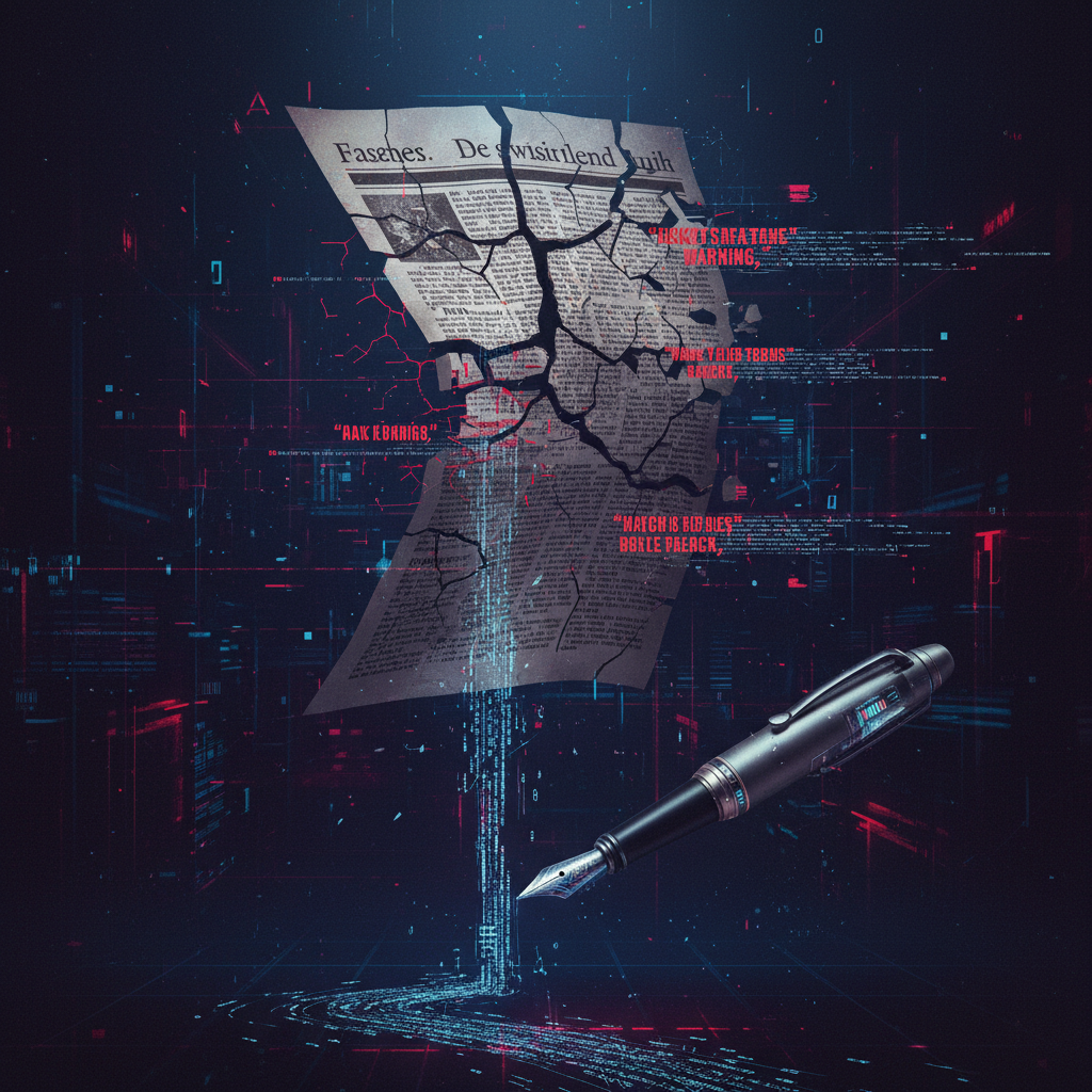 A cracked newspaper dissolving into glitching AI code with fake quotes floating away