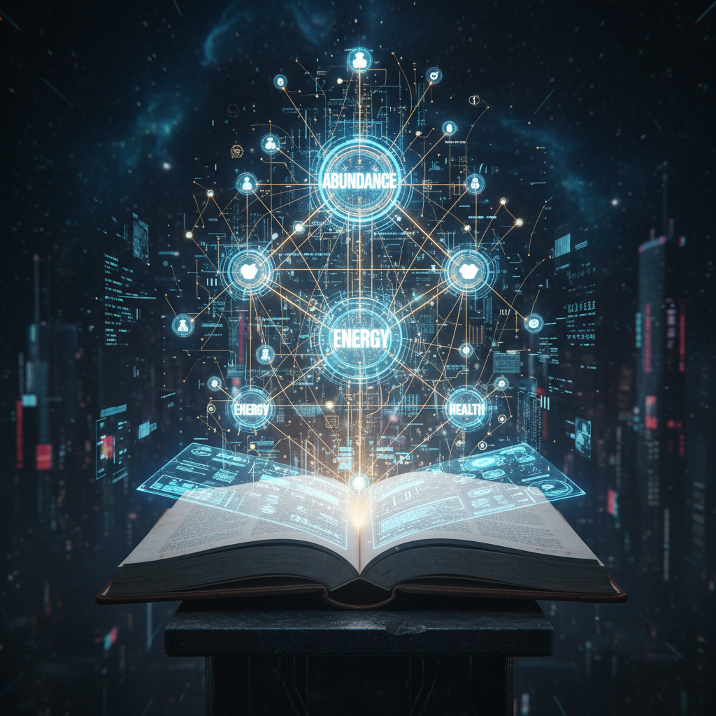 A glowing blueprint hologram showing interconnected nodes of superintelligent systems