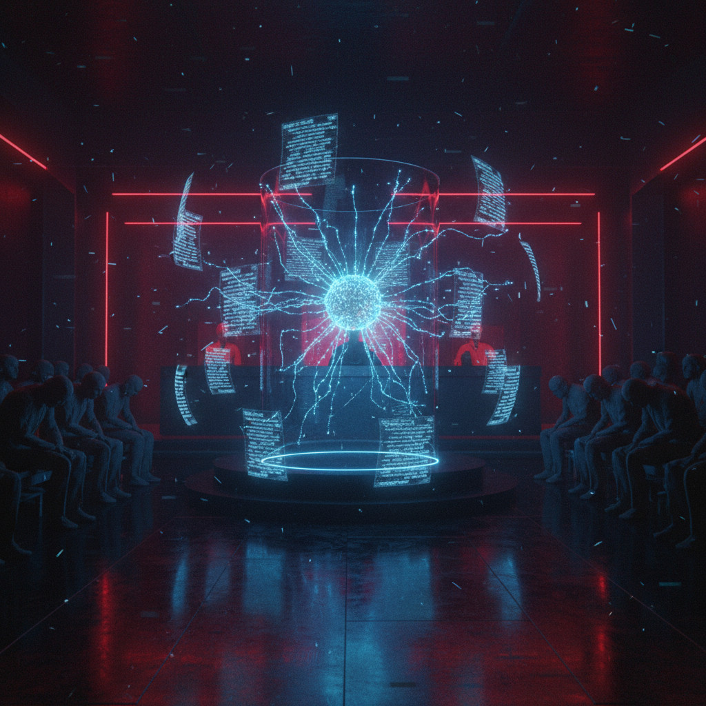 A glowing AI neural network on trial in a dark courtroom, legal documents floating, distressed human silhouettes