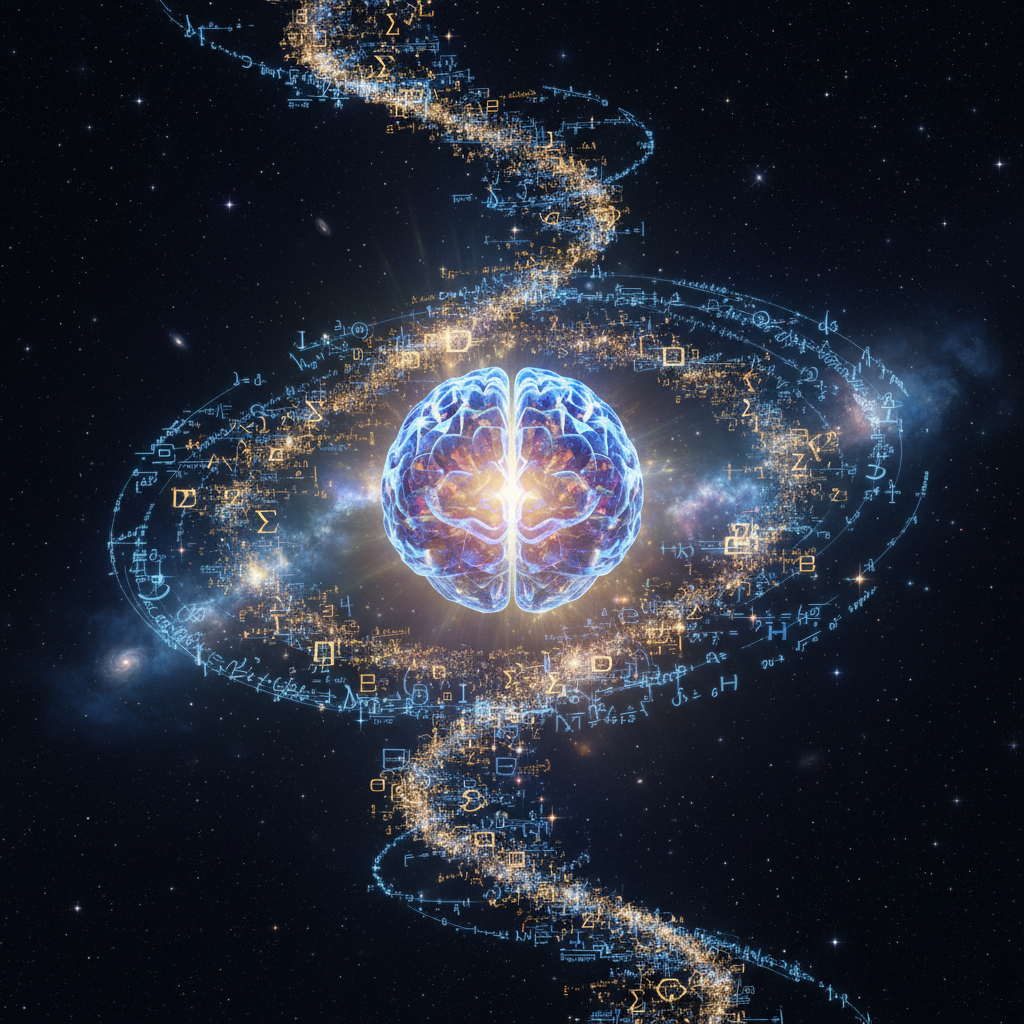 Glowing mathematical equations spiraling from a crystalline AI mind in deep space