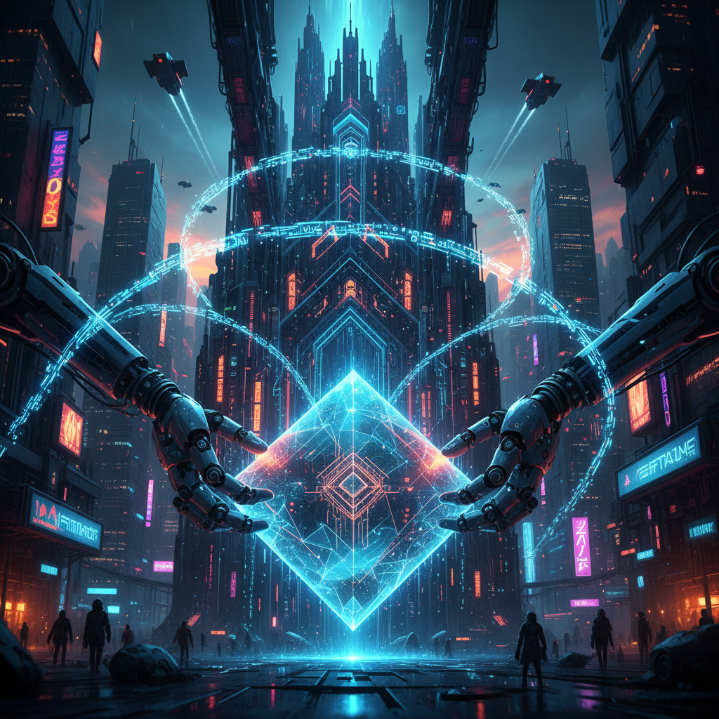 Digital foundation being built by robotic hands with streaming code