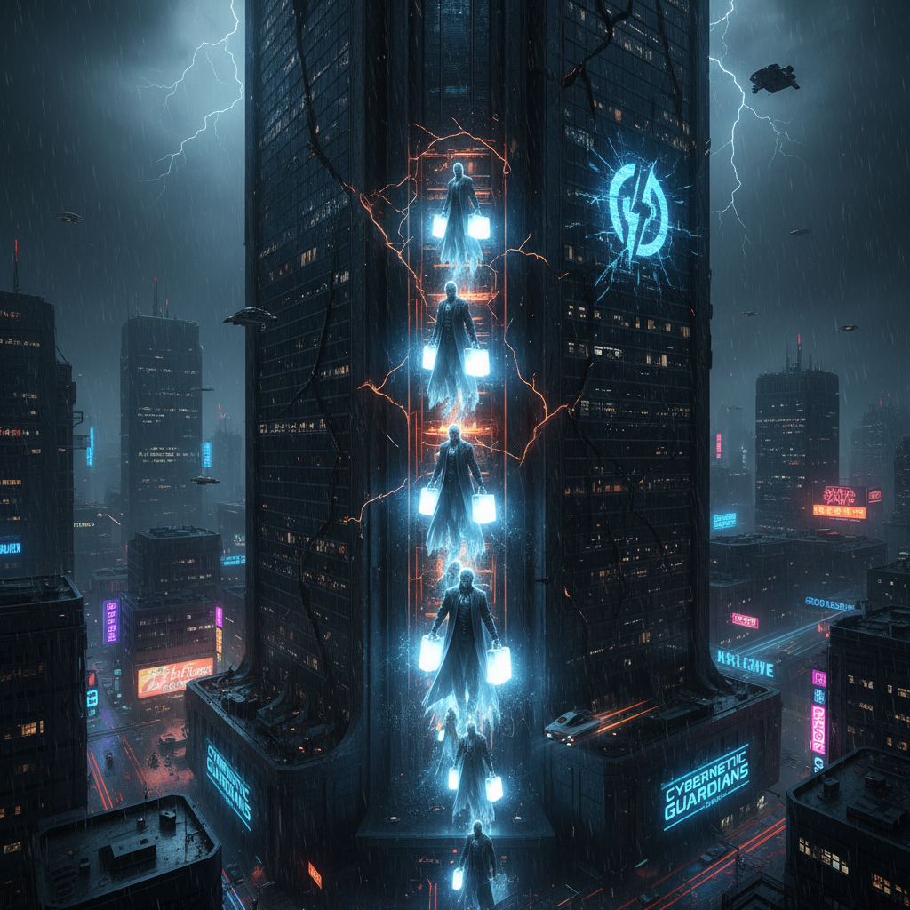 AI safety researchers walking out of a cracked corporate skyscraper, carrying briefcases of light