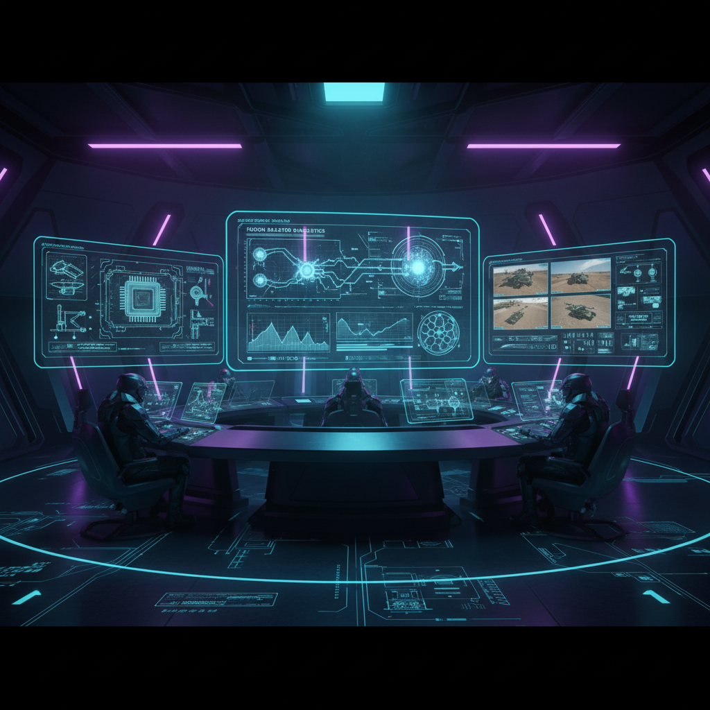 Futuristic command center with holographic displays showing fusion, military, and semiconductor data