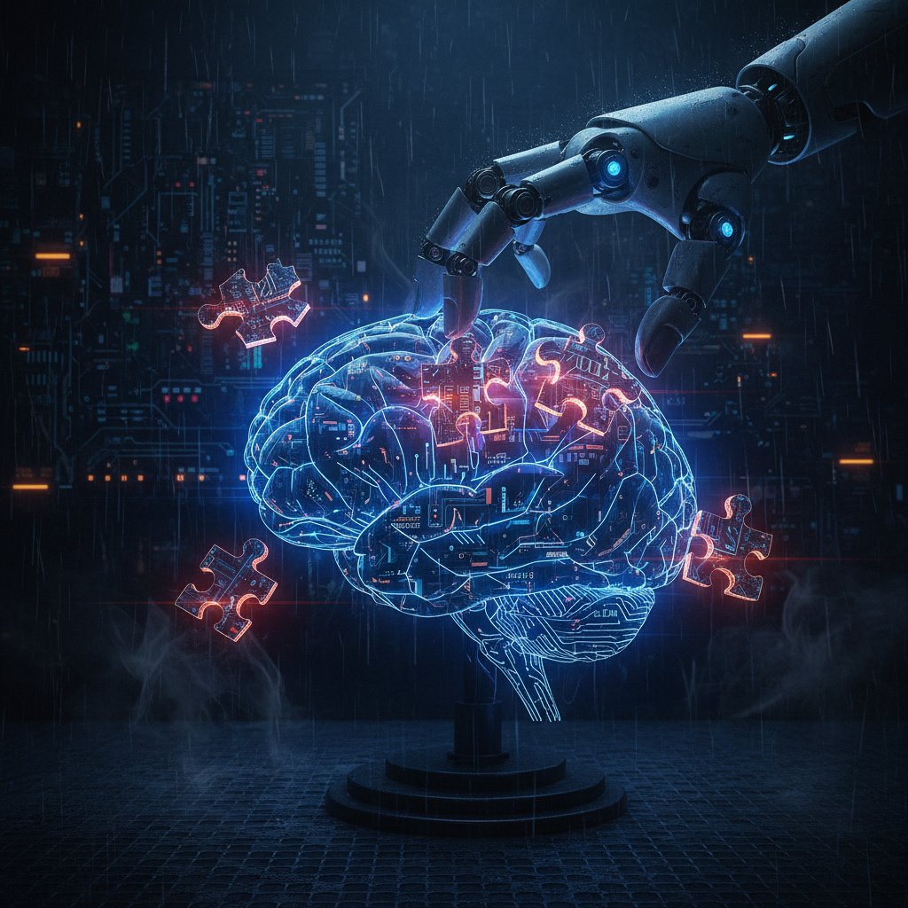 Robotic hand assembling puzzle pieces forming a brain, some pieces don't fit, cyberpunk noir palette