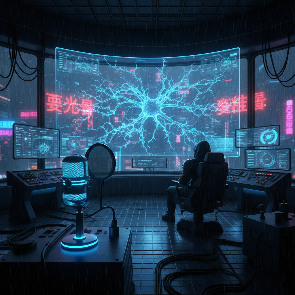 Futuristic command center with holographic neural network displays