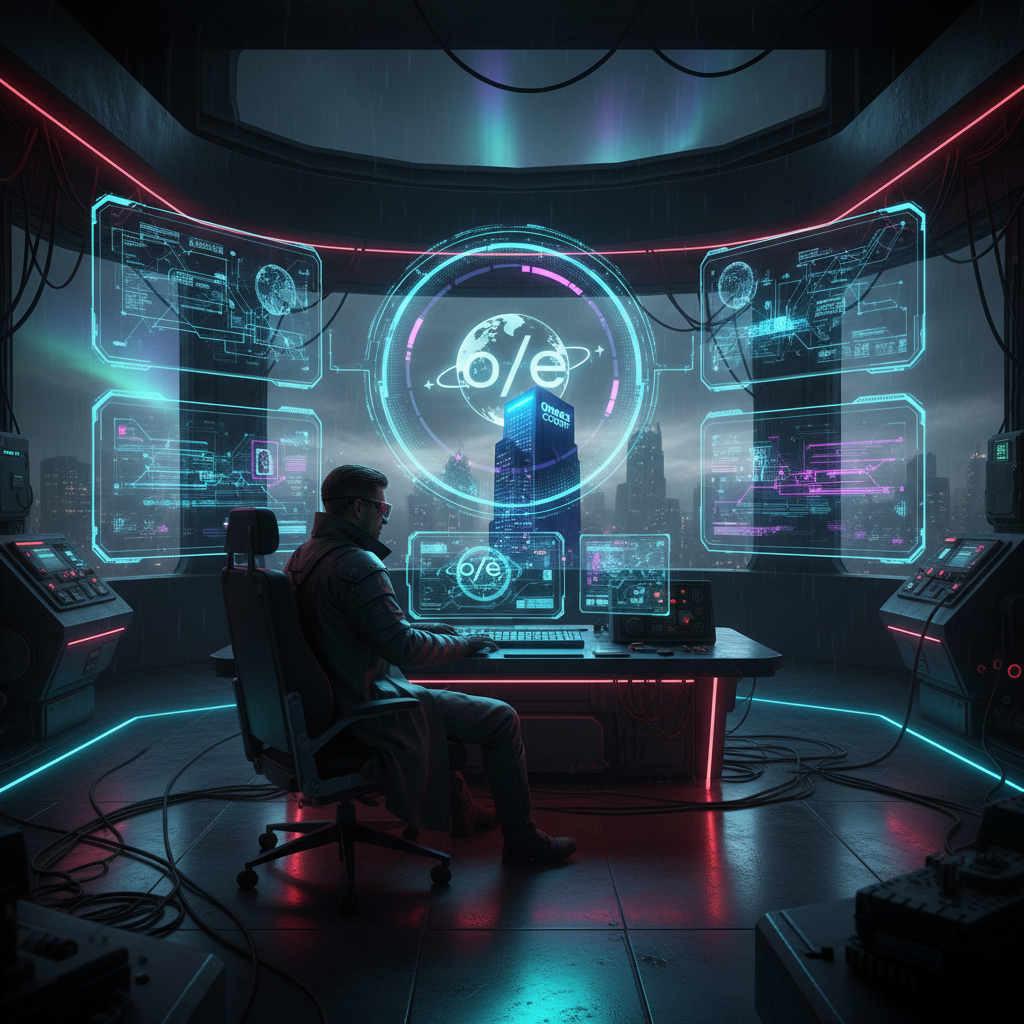 Futuristic observatory control room with holographic displays