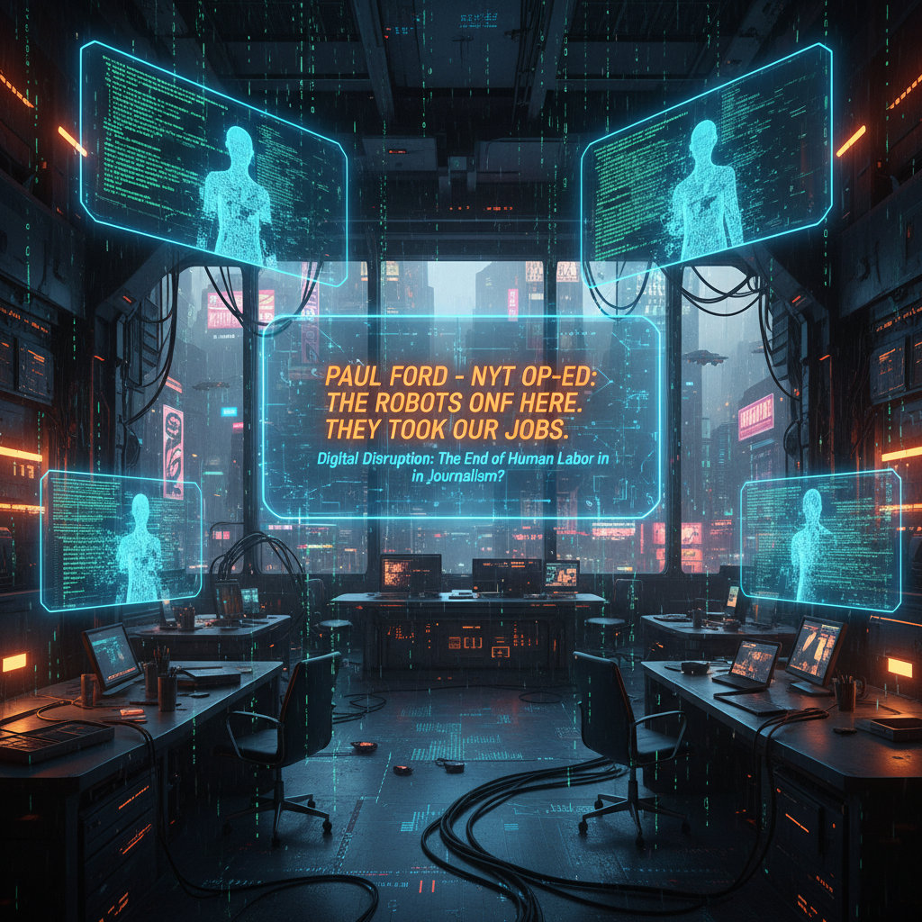 Cyberpunk newsroom with AI disruption headlines