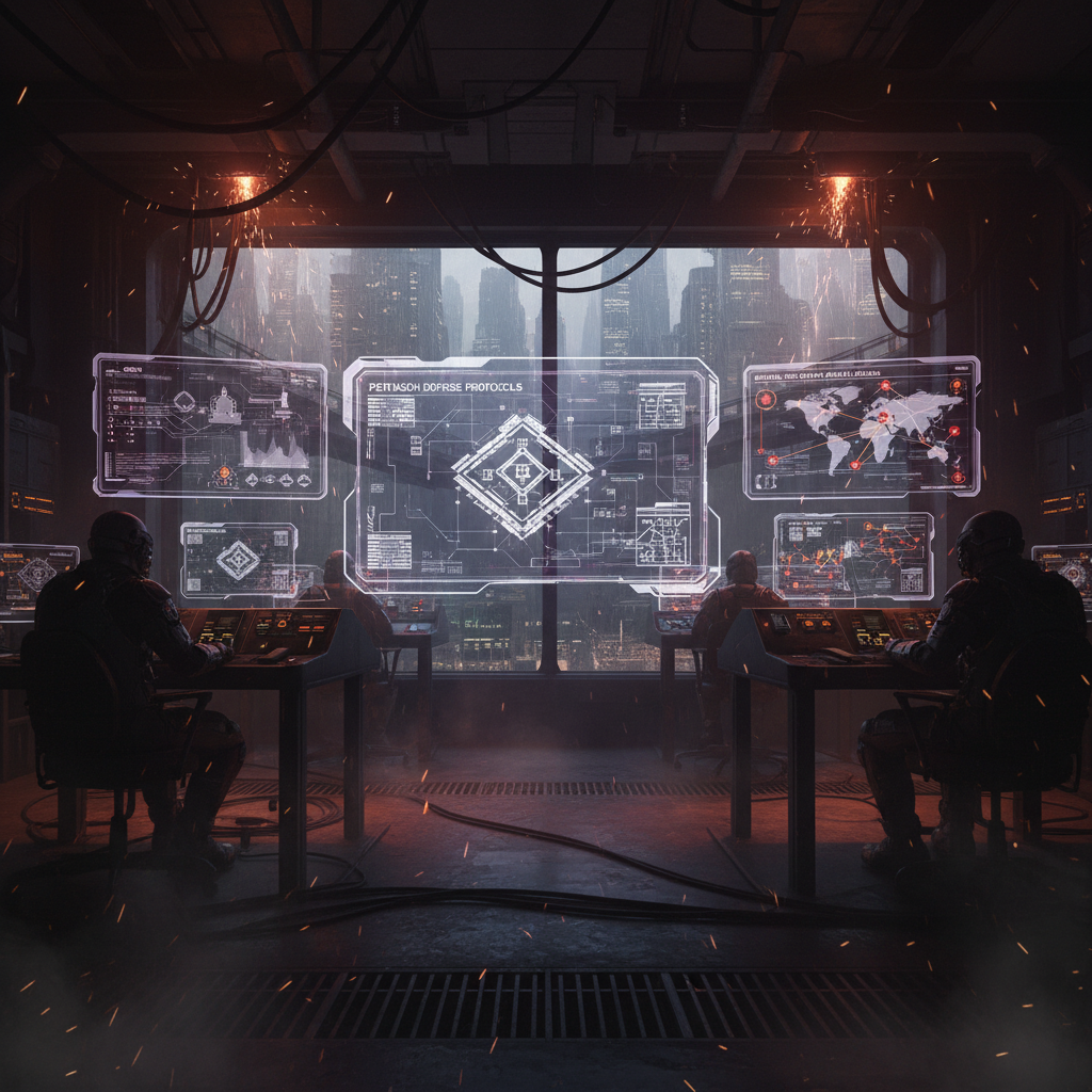 Cyberpunk control room with Pentagon supply chain alerts