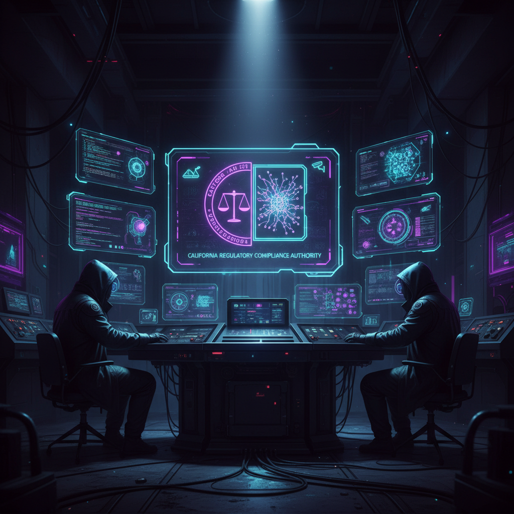 Cyberpunk control room with holographic displays showing AI regulation