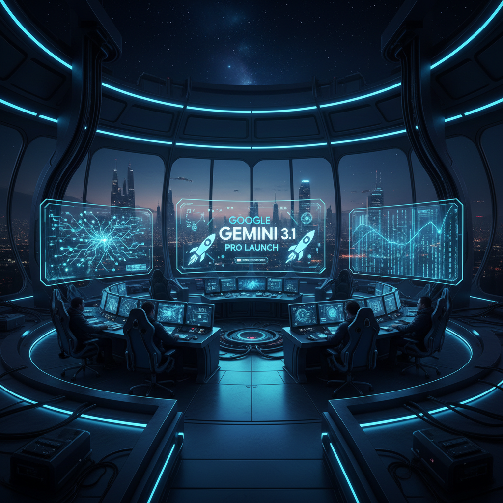 Futuristic command center with Gemini 3.1 Pro launch holographics