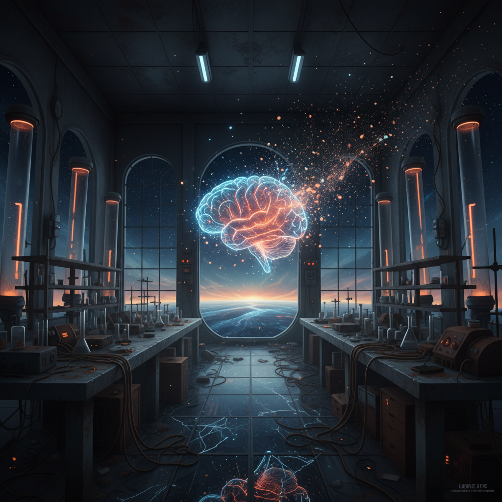 Abandoned laboratory with dissolving neural network brain