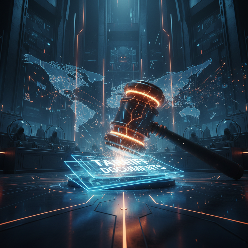 Dark courtroom with gavel striking tariff documents, digital trade routes dissolving