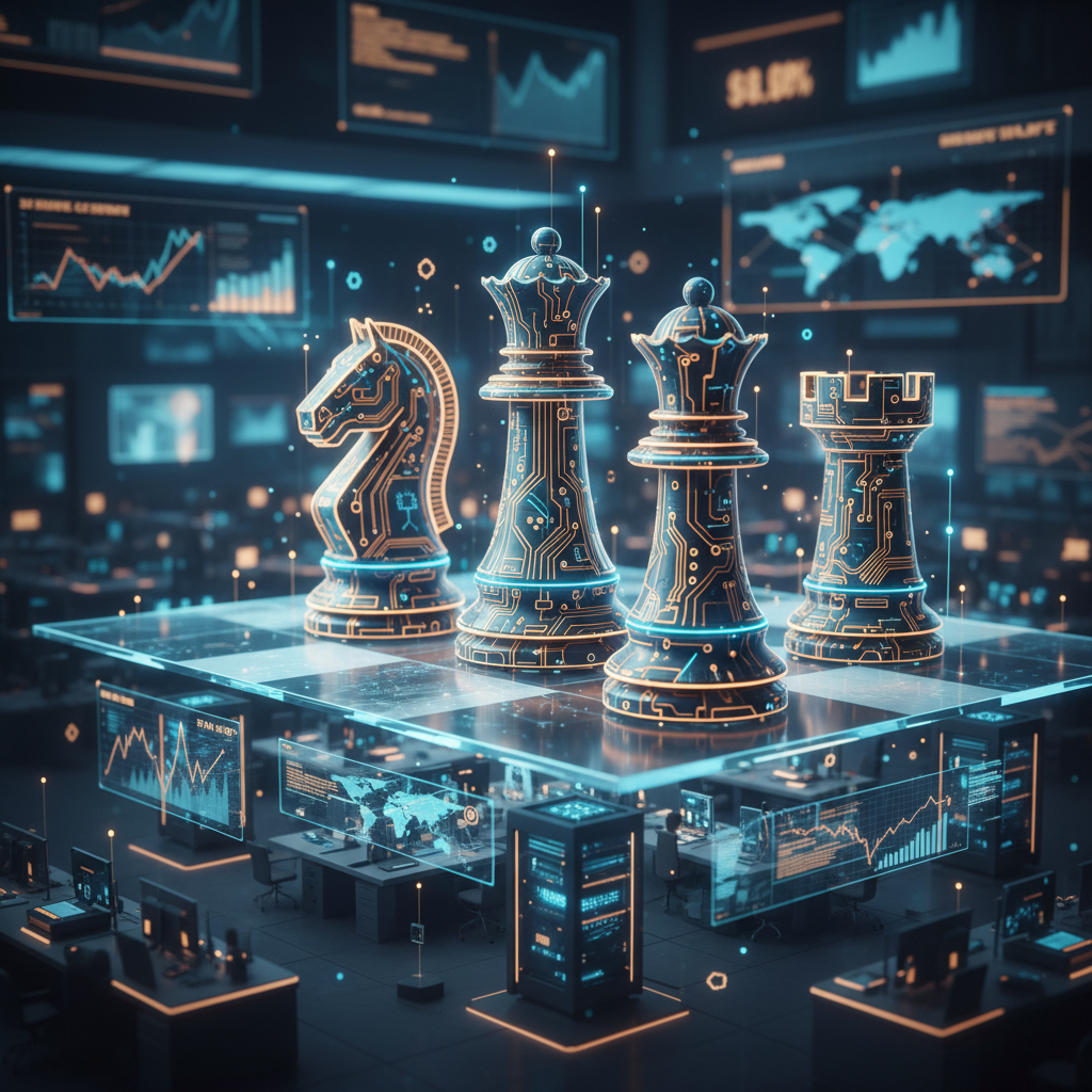 Circuit board chess pieces on a futuristic trading floor