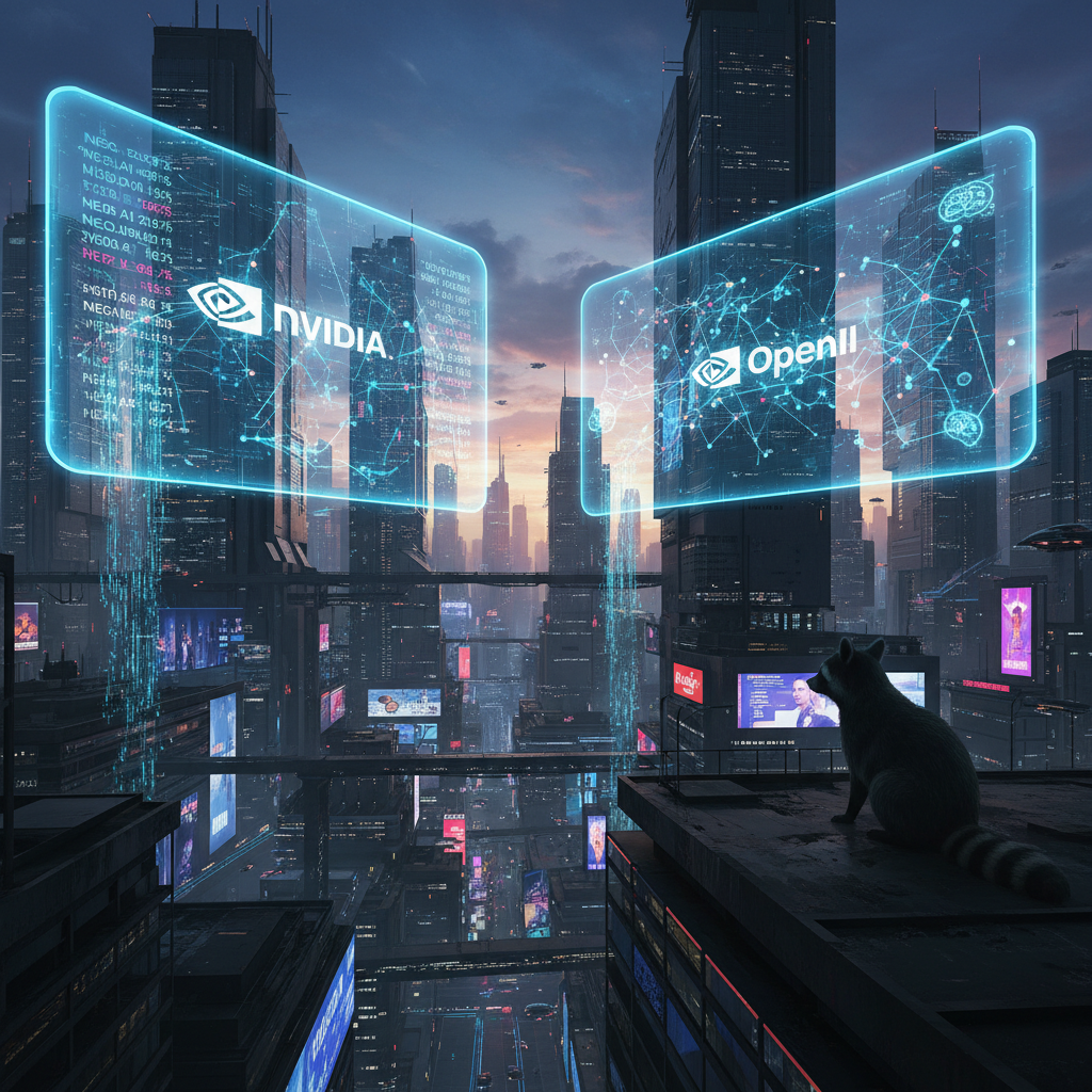 Cyberpunk dawn cityscape with dissolving deal holographics