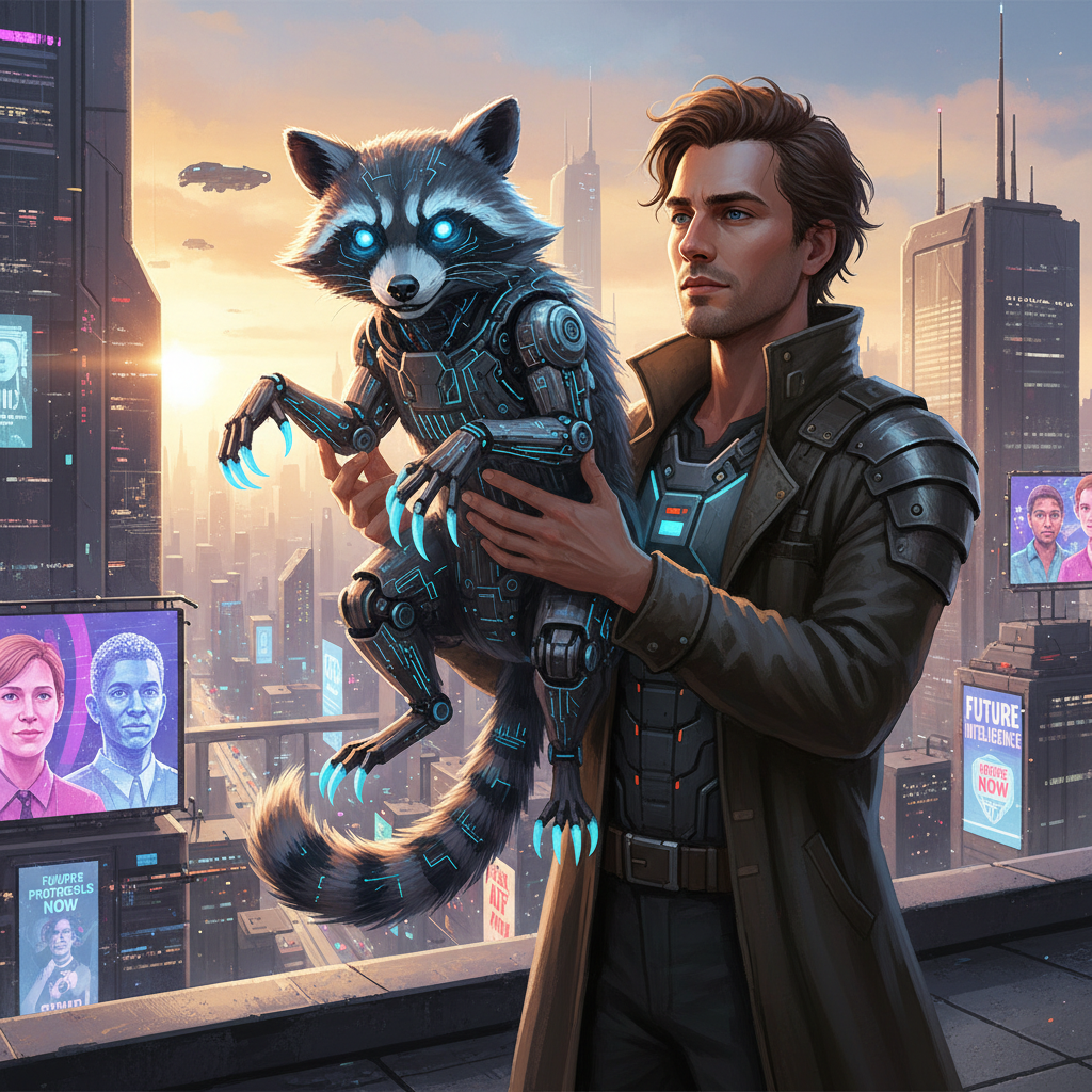 Cyberpunk dawn with mechanical creatures and political billboards