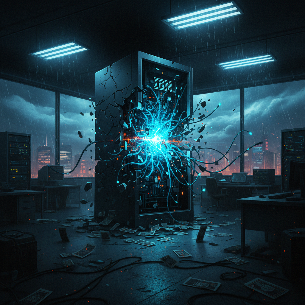 Crumbling mainframe with AI tendrils