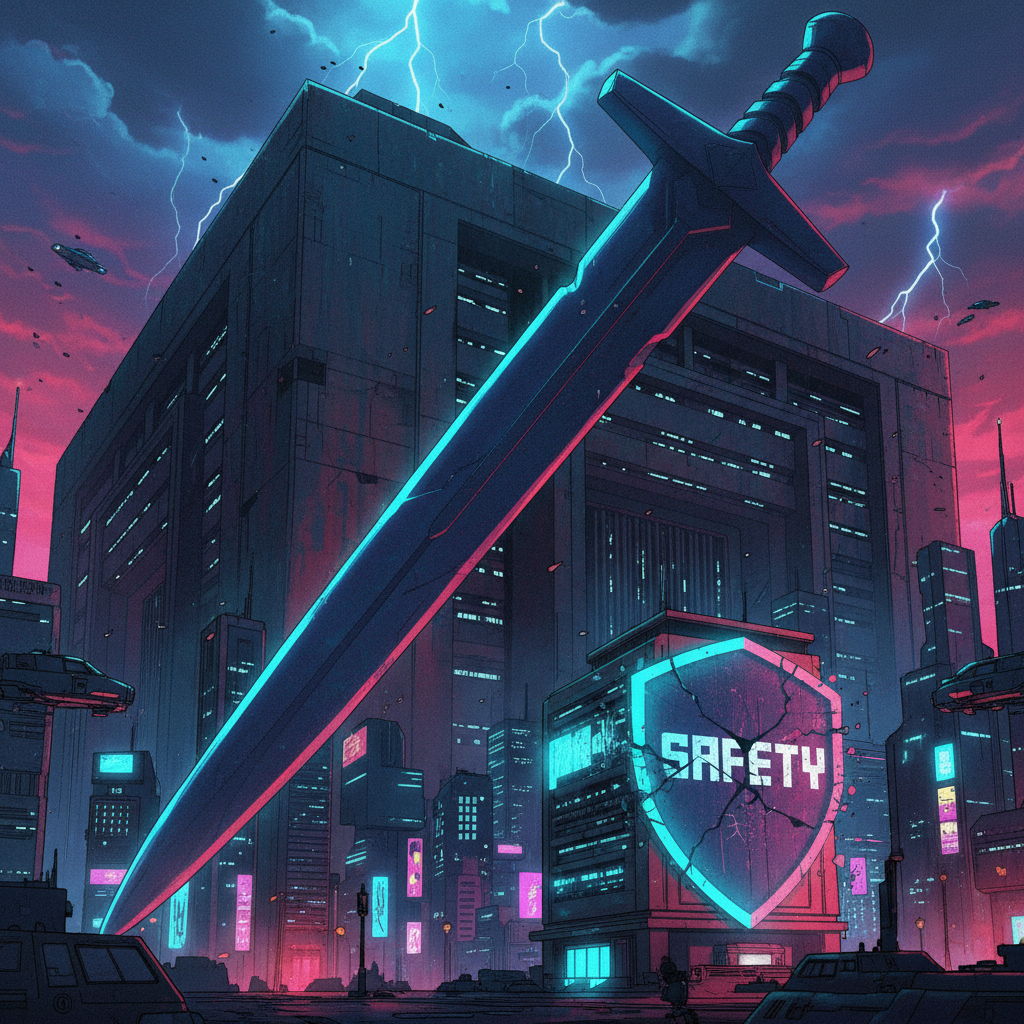 Pentagon shadow looming over an AI company with a cracking safety shield