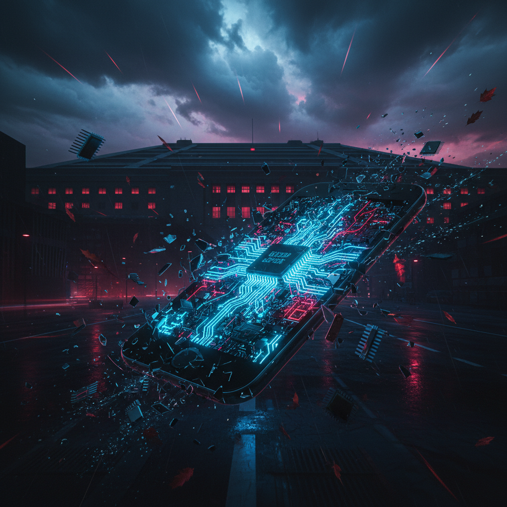 Smartphone shattering to reveal AI circuitry, Pentagon in background